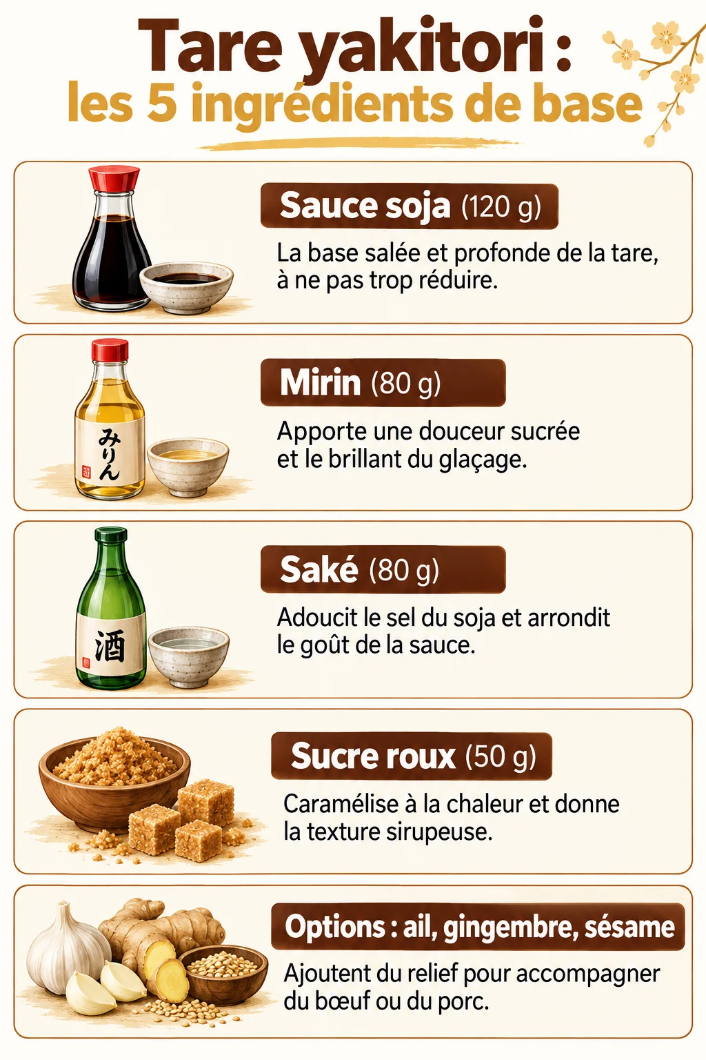 Tare yakitori : les 5 ingrédients de base : Sauce soja (120 g), Mirin (80 g), Saké (80 g), Sucre roux (50 g), Options : ail, gingembre, sésame