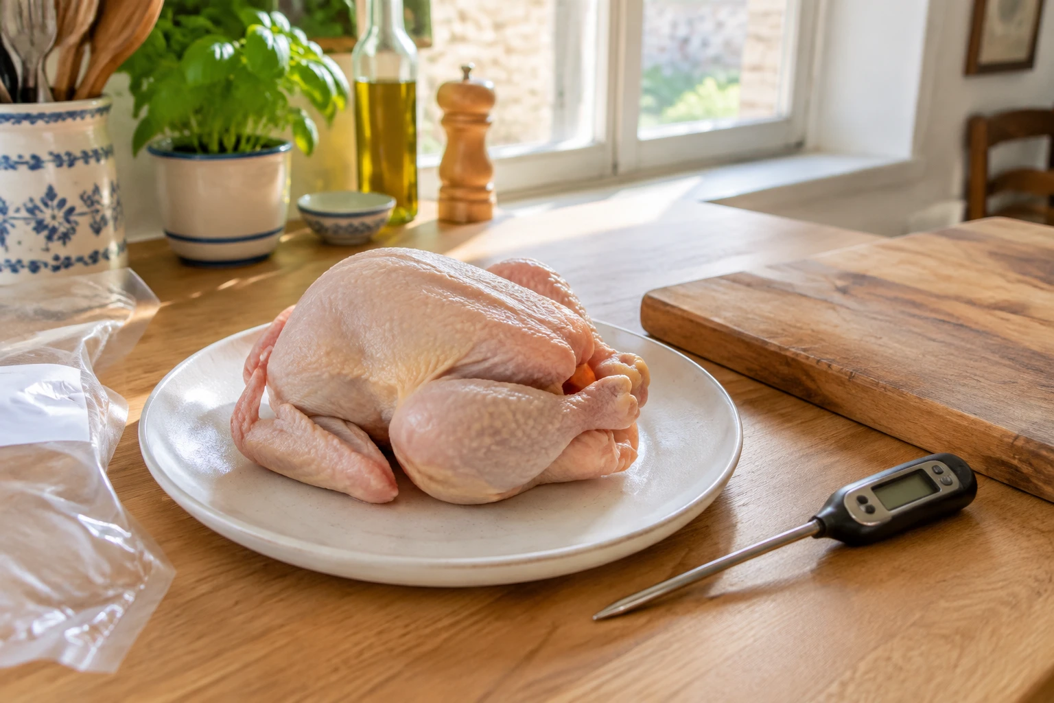 Poulet cru rose pâle aéré sur une assiette blanche avec un thermomètre de cuisson dans une cuisine lumineuse