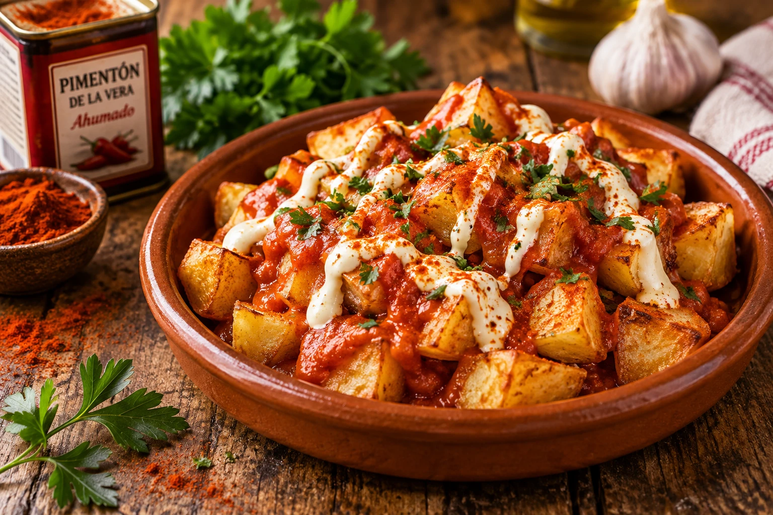 Pommes de terre dorées nappées de sauce bravas rouge et d'un filet d'aïoli sur une table en bois